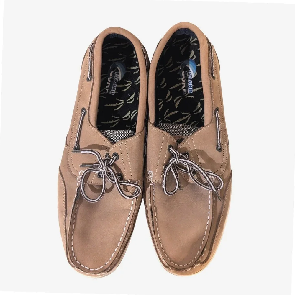 Island Surf Men's Size 11 Tan Brown Boat Shoes Lace Up Nautical Deck Loafers